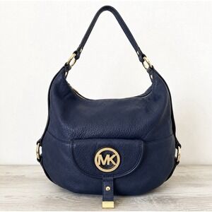 Michael Kors Fulton Large Hobo Shoulder Bag Navy Blue Pebbled Leather Gold MK